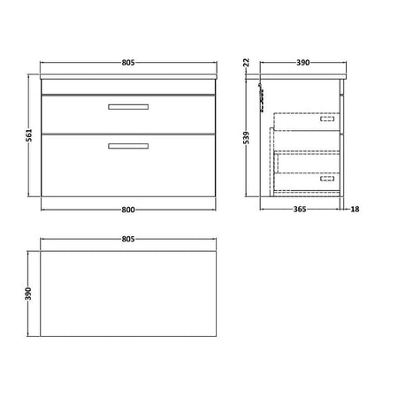 Nuie Athena Wall Hung 2-Drawer Unit & Laminate Worktop (1 size, 2 colours) - Brand New Bathrooms