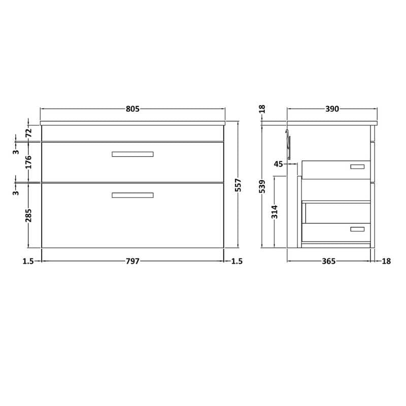 Nuie Athena Wall Hung 2 Drawer Vanity With Worktop (1 size, 2 colours) - Brand New Bathrooms