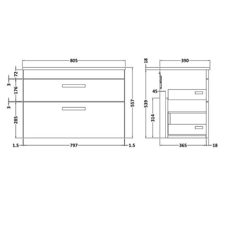 Nuie Athena Wall Hung 2 Drawer Vanity With Worktop (1 size, 2 colours) - Brand New Bathrooms
