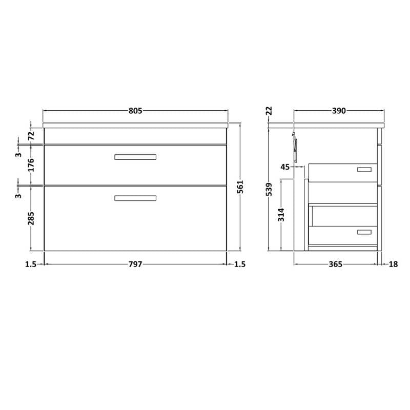 Nuie Athena Wall Hung 2 Drawer Vanity With Grey Worktop (1 size, Gloss White) - Brand New Bathrooms