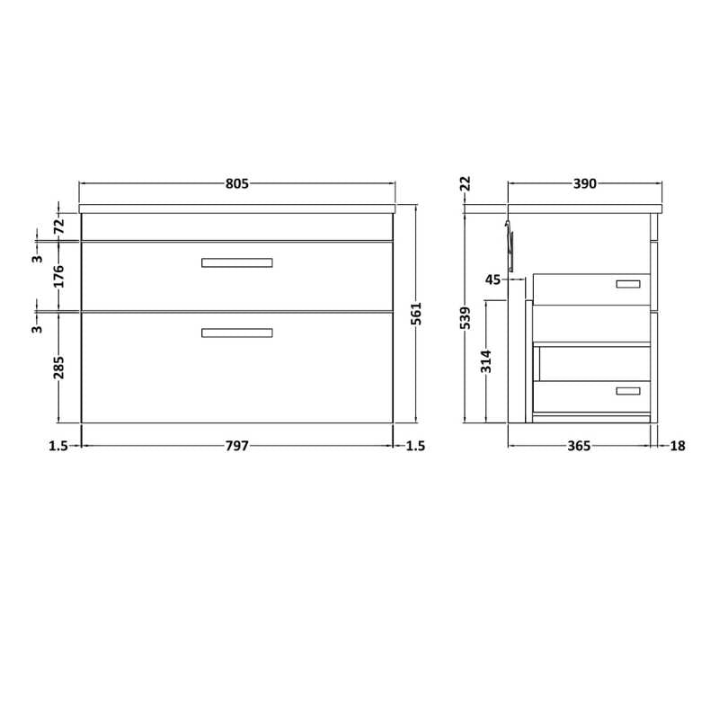 Nuie Athena Wall Hung 2 Drawer Vanity With Worktop (2 size, Gloss White) - Brand New Bathrooms