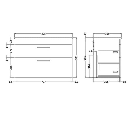 Nuie Athena Wall Hung 2 Drawer Vanity With Worktop (2 size, Gloss White) - Brand New Bathrooms