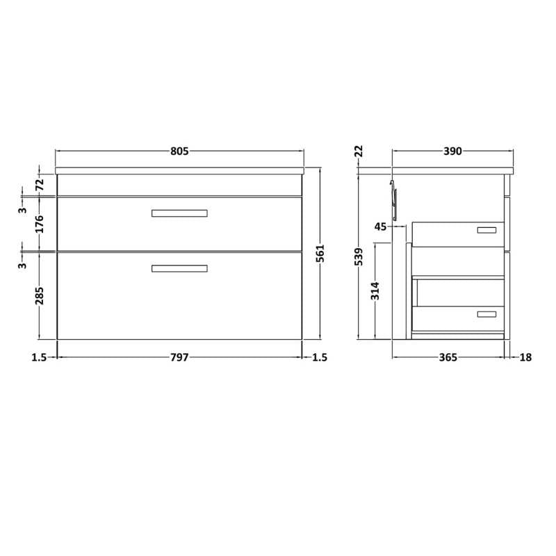 Nuie Athena Wall Hung 2 Drawer Vanity With Worktop (2 size, Gloss White) - Brand New Bathrooms
