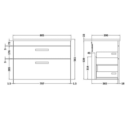 Nuie Athena Wall Hung 2 Drawer Vanity With Worktop (2 size, Gloss White) - Brand New Bathrooms