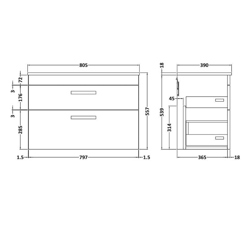 Nuie Athena Wall Hung 2 Drawer Vanity With Worktop (2 size, Gloss White) - Brand New Bathrooms