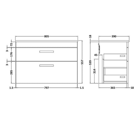 Nuie Athena Wall Hung 2 Drawer Vanity With Worktop (2 size, Gloss White) - Brand New Bathrooms