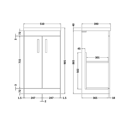 Nuie Athena 500mm Floor Standing 2 Door Vanity With Mid-Edge 1 Tap Hole Basin (1 size, Gloss Grey) - Brand New Bathrooms