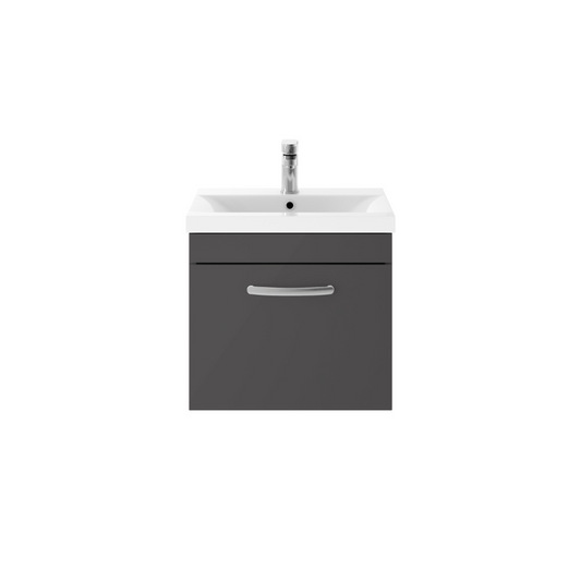 Nuie Athena 500mm Wall Hung Single Drawer Vanity With Mid-Edge 1 Tap Hole Basin 1 (1 size, Gloss Grey) - Brand New Bathrooms