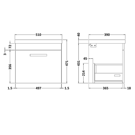 Nuie Athena 500mm Wall Hung Single Drawer Vanity With Mid-Edge 1 Tap Hole Basin 1 (1 size, Gloss Grey) - Brand New Bathrooms