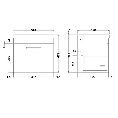 Nuie Athena 500mm Wall Hung Single Drawer Vanity With Mid-Edge 1 Tap Hole Basin 1 (1 size, Gloss Grey) - Brand New Bathrooms