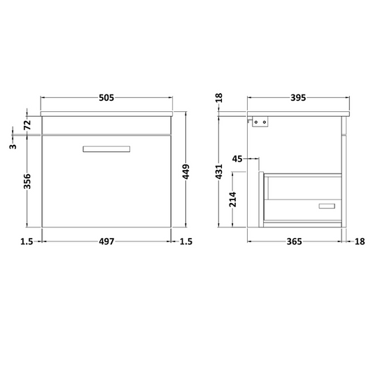 Nuie Athena 500mm Wall Hung Single Drawer Vanity With Minimalist 1 Tap Hole Basin 2 (1 size, Gloss Grey) - Brand New Bathrooms