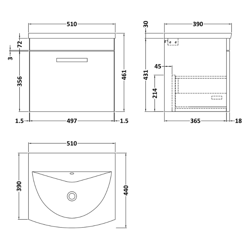 Nuie Athena 500mm Wall Hung Single Drawer Vanity With Curved 1 Tap Hole Basin (1 size, Gloss Grey) - Brand New Bathrooms