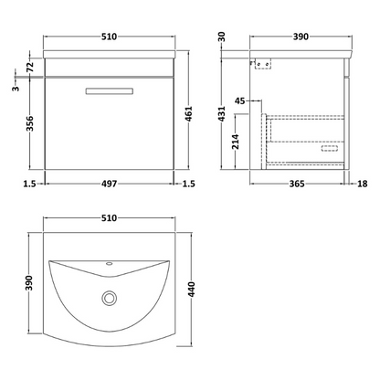 Nuie Athena 500mm Wall Hung Single Drawer Vanity With Curved 1 Tap Hole Basin (1 size, Gloss Grey) - Brand New Bathrooms