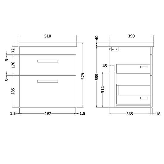 Nuie Athena 500mm Wall Hung 2 Drawer Vanity With Mid-Edge 1 Tap Hole Basin (1 size, Gloss Grey) - Brand New Bathrooms