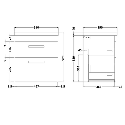 Nuie Athena 500mm Wall Hung 2 Drawer Vanity With Mid-Edge 1 Tap Hole Basin (1 size, Gloss Grey) - Brand New Bathrooms