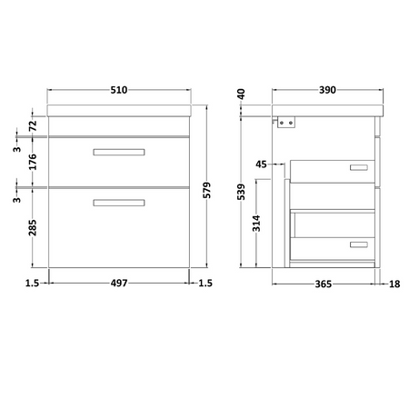 Nuie Athena 500mm Wall Hung 2 Drawer Vanity With Mid-Edge 1 Tap Hole Basin (1 size, Gloss Grey) - Brand New Bathrooms