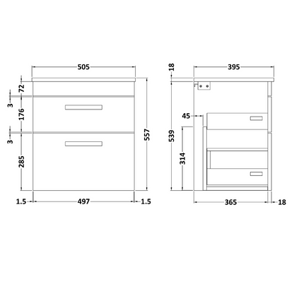Nuie Athena 500mm Wall Hung 2 Drawer Vanity With Minimalist 1 Tap Hole Basin (1 size, Gloss Grey) - Brand New Bathrooms