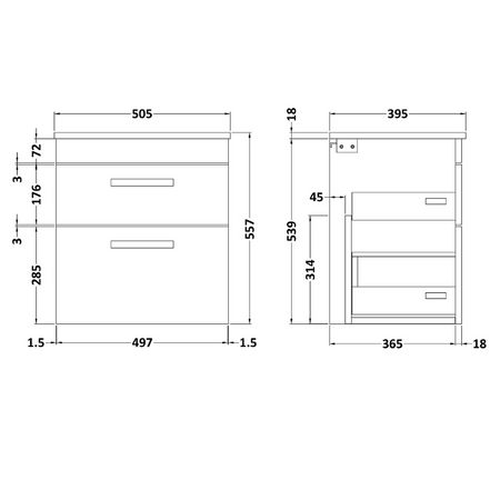 Nuie Athena 500mm Wall Hung 2 Drawer Vanity With Minimalist 1 Tap Hole Basin (1 size, Gloss Grey) - Brand New Bathrooms