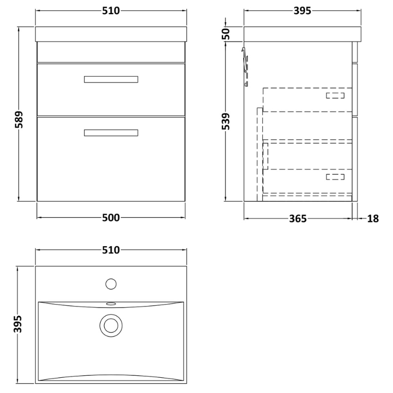 Nuie Athena 500mm Wall Hung 2 Drawer Vanity With Thin-Edge 1 Tap Hole Basin (1 size, Gloss Grey) - Brand New Bathrooms