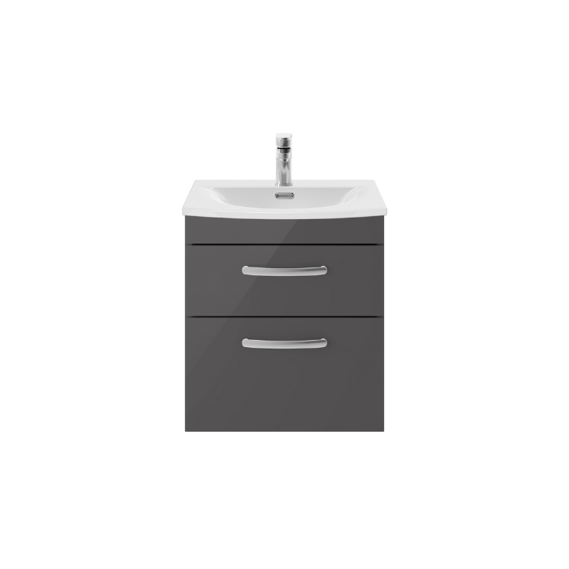 Nuie Athena 500mm Wall Hung 2 Drawer Vanity With Curved 1 Tap Hole Basin (1 size, Gloss Grey) - Brand New Bathrooms