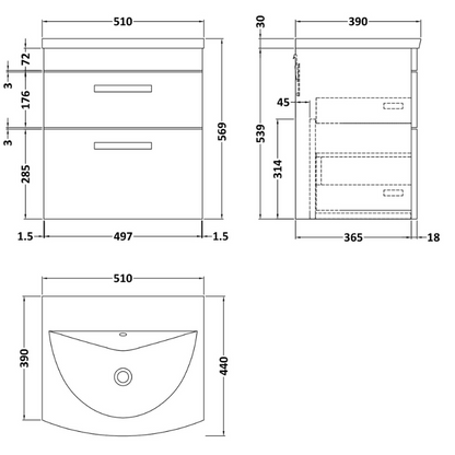 Nuie Athena 500mm Wall Hung 2 Drawer Vanity With Curved 1 Tap Hole Basin (1 size, Gloss Grey) - Brand New Bathrooms