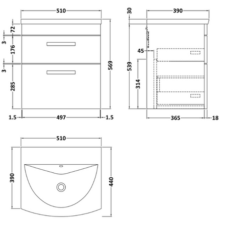 Nuie Athena 500mm Wall Hung 2 Drawer Vanity With Curved 1 Tap Hole Basin (1 size, Gloss Grey) - Brand New Bathrooms