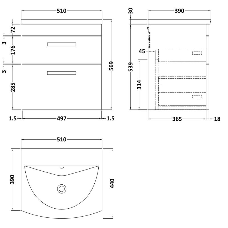 Nuie Athena 500mm Wall Hung 2 Drawer Vanity With Curved 1 Tap Hole Basin (1 size, Gloss Grey) - Brand New Bathrooms