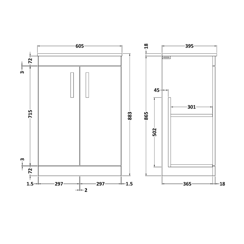 Nuie Athena 600mm Floor Standing 2 Door Vanity With Minimalist 1 Tap Hole Basin (1 size, Gloss Grey) - Brand New Bathrooms