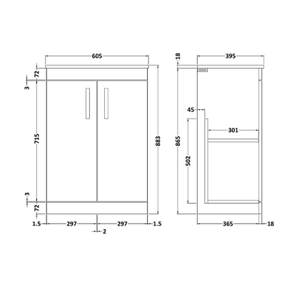 Nuie Athena 600mm Floor Standing 2 Door Vanity With Minimalist 1 Tap Hole Basin (1 size, Gloss Grey) - Brand New Bathrooms