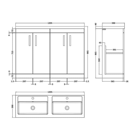 Nuie Athena Floor Standing 4 Door Vanity With Twin Basin (1 size, Gloss Grey) - Brand New Bathrooms