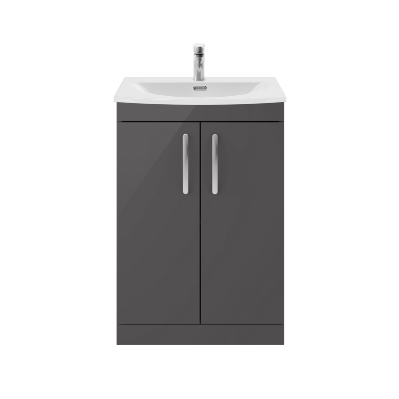 Nuie Athena 600mm Floor Standing 2 Door Vanity With Curved 1 Tap Hole Basin (1 size, Gloss Grey) - Brand New Bathrooms