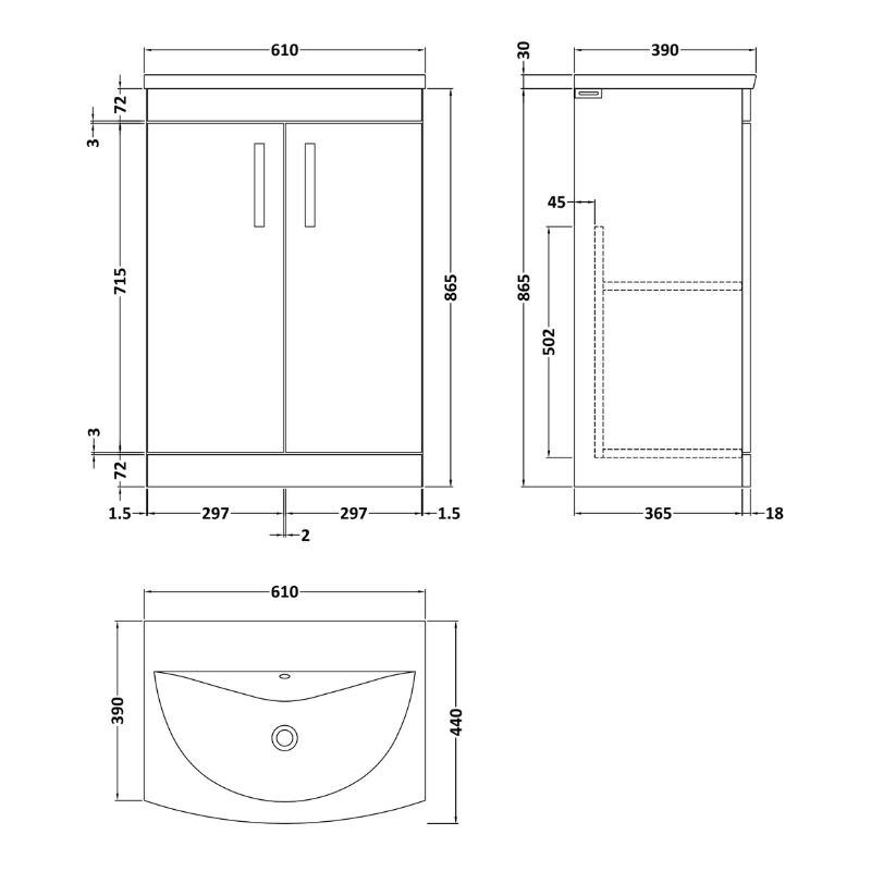 Nuie Athena 600mm Floor Standing 2 Door Vanity With Curved 1 Tap Hole Basin (1 size, Gloss Grey) - Brand New Bathrooms