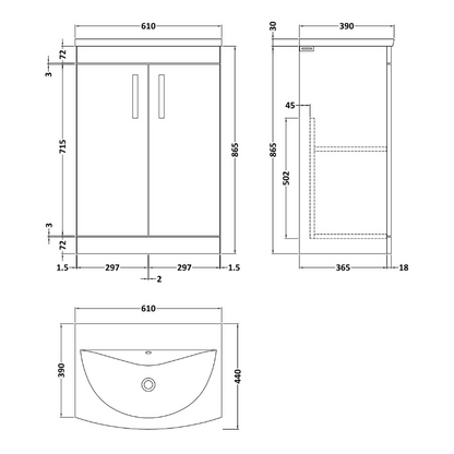 Nuie Athena 600mm Floor Standing 2 Door Vanity With Curved 1 Tap Hole Basin (1 size, Gloss Grey) - Brand New Bathrooms