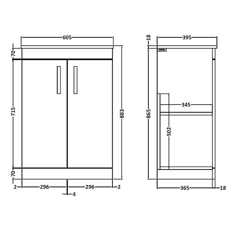 Nuie Athena Floor Standing 2 Door Vanity With Worktop (2 sizes, Gloss Grey) - Brand New Bathrooms