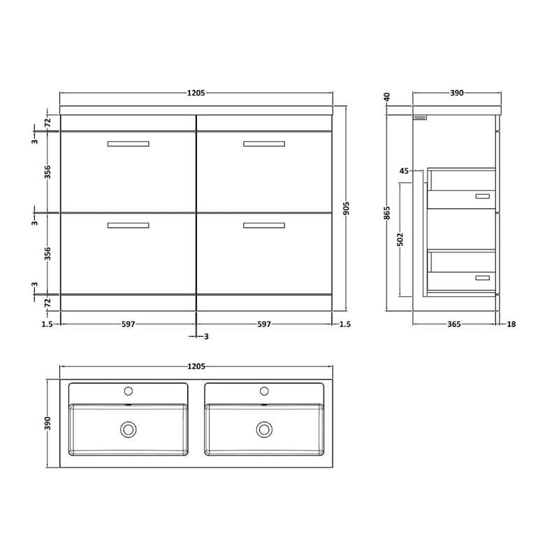 Nuie Athena Floor Standing 4 Drawer Vanity With Twin Basin (1 size, Gloss Grey) - Brand New Bathrooms