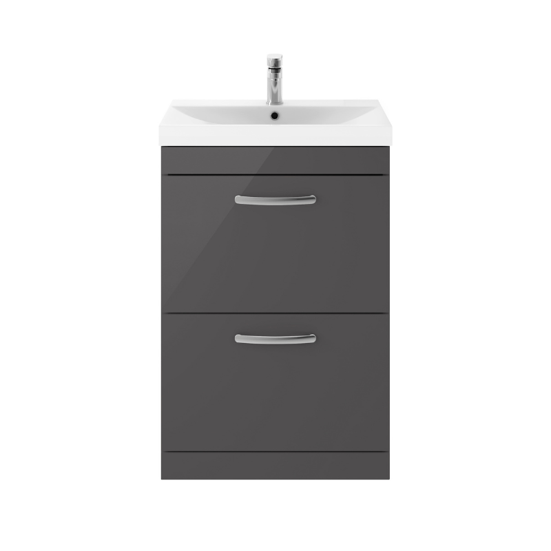 Nuie Athena 600mm Floor Standing 2 Drawer Vanity With Thin-Edge 1 Tap Hole Basin (1 size, Gloss Grey) - Brand New Bathrooms