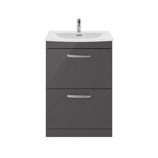 Nuie Athena 600mm Floor Standing 2 Drawer Vanity With Curved 1 Tap Hole Basin (1 size, Gloss Grey) - Brand New Bathrooms