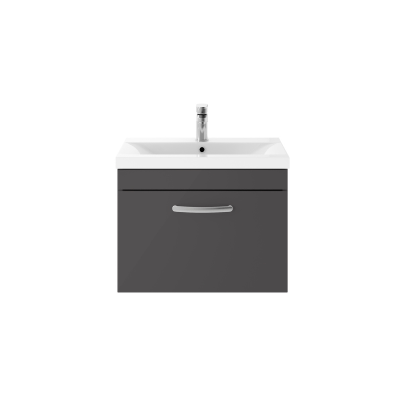 Nuie Athena 600mm Wall Hung Single Drawer Vanity With Mid-Edge 1 Tap Hole Basin (1 size, Gloss Grey) - Brand New Bathrooms