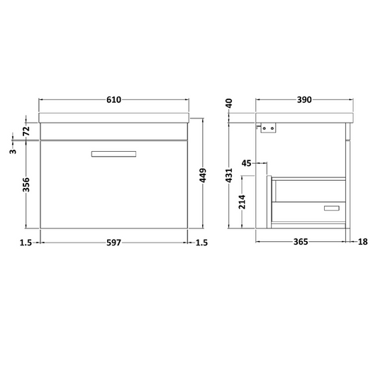 Nuie Athena 600mm Wall Hung Single Drawer Vanity With Mid-Edge 1 Tap Hole Basin (1 size, Gloss Grey) - Brand New Bathrooms