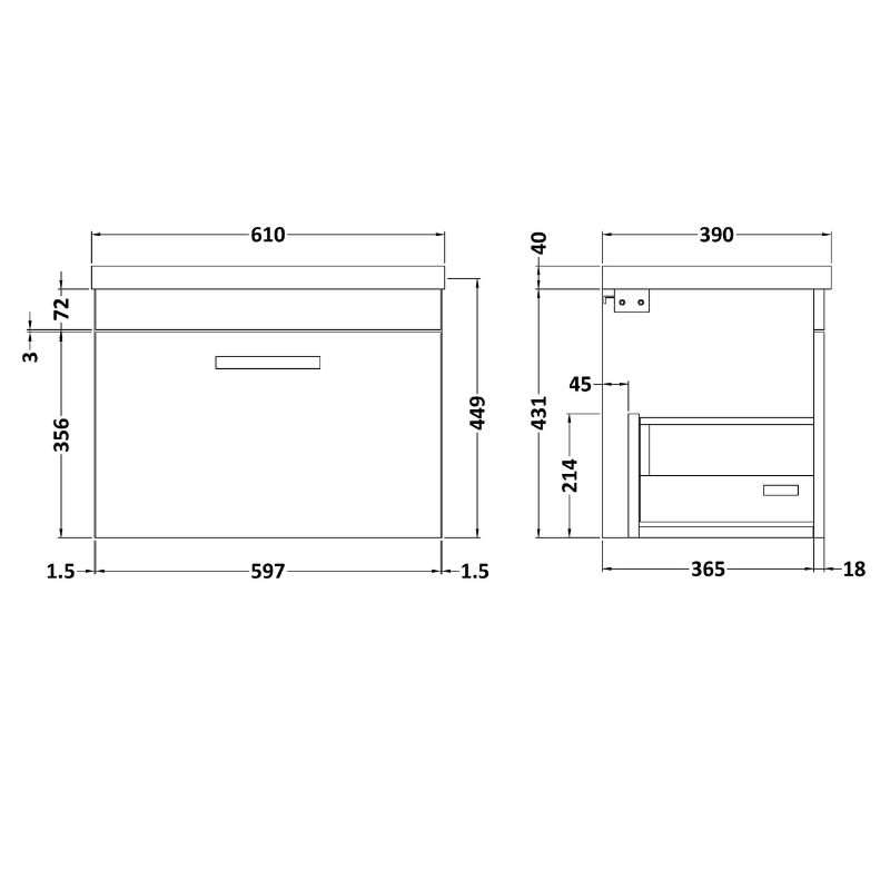 Nuie Athena 600mm Wall Hung Single Drawer Vanity With Mid-Edge 1 Tap Hole Basin (1 size, Gloss Grey) - Brand New Bathrooms
