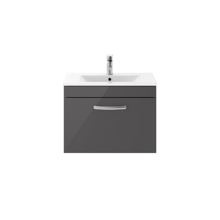 Nuie Athena 600mm Wall Hung Single Drawer Vanity With Minimalist 1 Tap Hole Basin (1 size, Gloss Grey) - Brand New Bathrooms