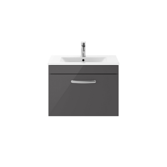 Nuie Athena 600mm Wall Hung Single Drawer Vanity With Minimalist 1 Tap Hole Basin (1 size, Gloss Grey) - Brand New Bathrooms