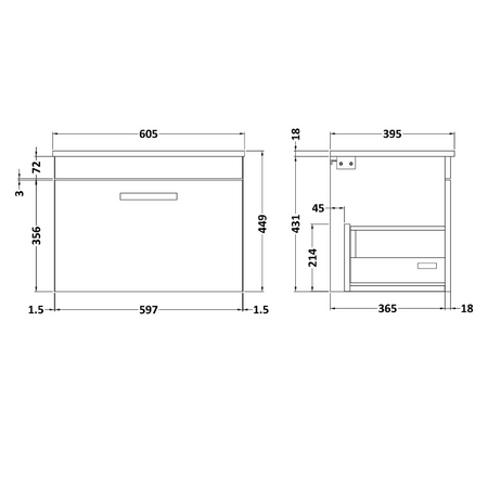Nuie Athena 600mm Wall Hung Single Drawer Vanity With Minimalist 1 Tap Hole Basin (1 size, Gloss Grey) - Brand New Bathrooms