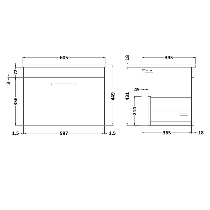 Nuie Athena 600mm Wall Hung Single Drawer Vanity With Minimalist 1 Tap Hole Basin (1 size, Gloss Grey) - Brand New Bathrooms
