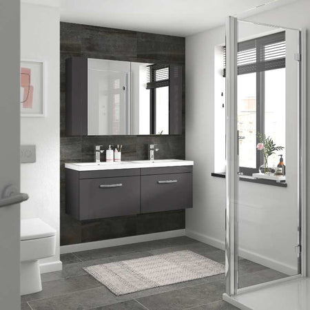 Nuie Athena Wall Hung 2 Drawer Vanity With Twin Basin (1 size, Gloss Grey) - Brand New Bathrooms