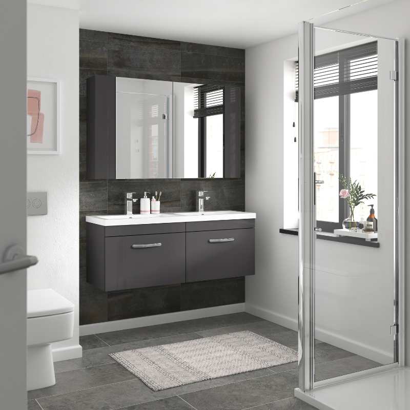 Nuie Athena Wall Hung 2 Drawer Vanity With Twin Basin (1 size, Gloss Grey) - Brand New Bathrooms