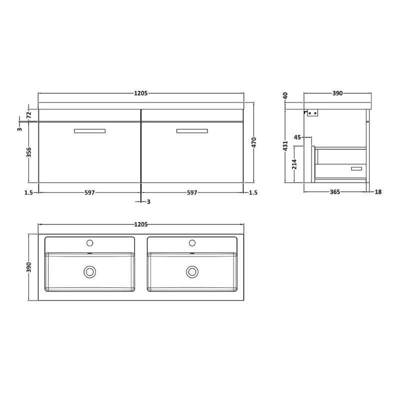 Nuie Athena Wall Hung 2 Drawer Vanity With Twin Polymarble Basin (1 size, Gloss Grey) - Brand New Bathrooms