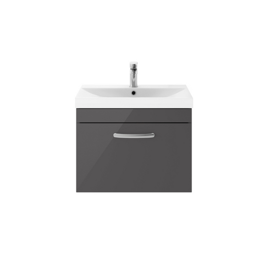 Nuie Athena 600mm Wall Hung Single Drawer Vanity With Thin-Edge 1 Tap Hole Basin (1 size, Gloss Grey) - Brand New Bathrooms