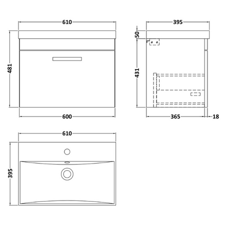 Nuie Athena 600mm Wall Hung Single Drawer Vanity With Thin-Edge 1 Tap Hole Basin (1 size, Gloss Grey) - Brand New Bathrooms