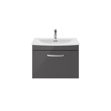 Nuie Athena 600mm Wall Hung Single Drawer Vanity With Curved 1 Tap Hole Basin (1 size, Gloss Grey) - Brand New Bathrooms